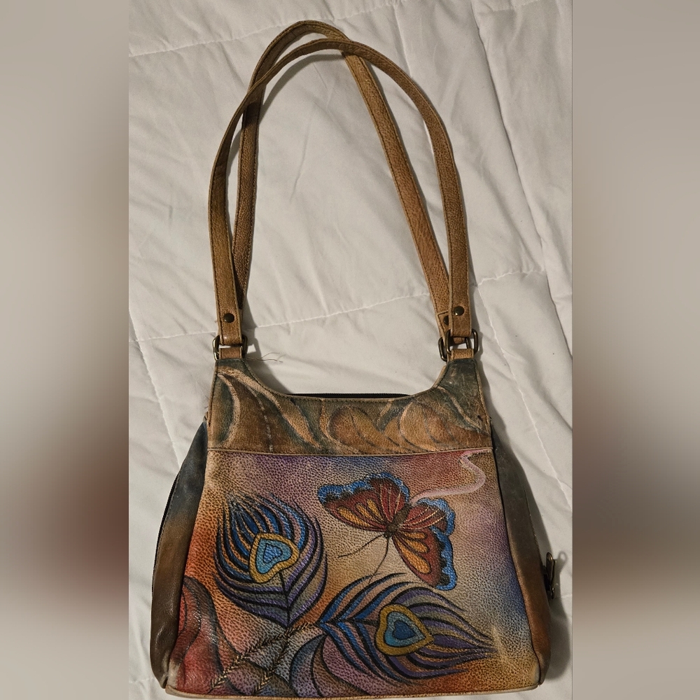 Anuschka Hand Painted Butterfly and Peacock Feather Bag